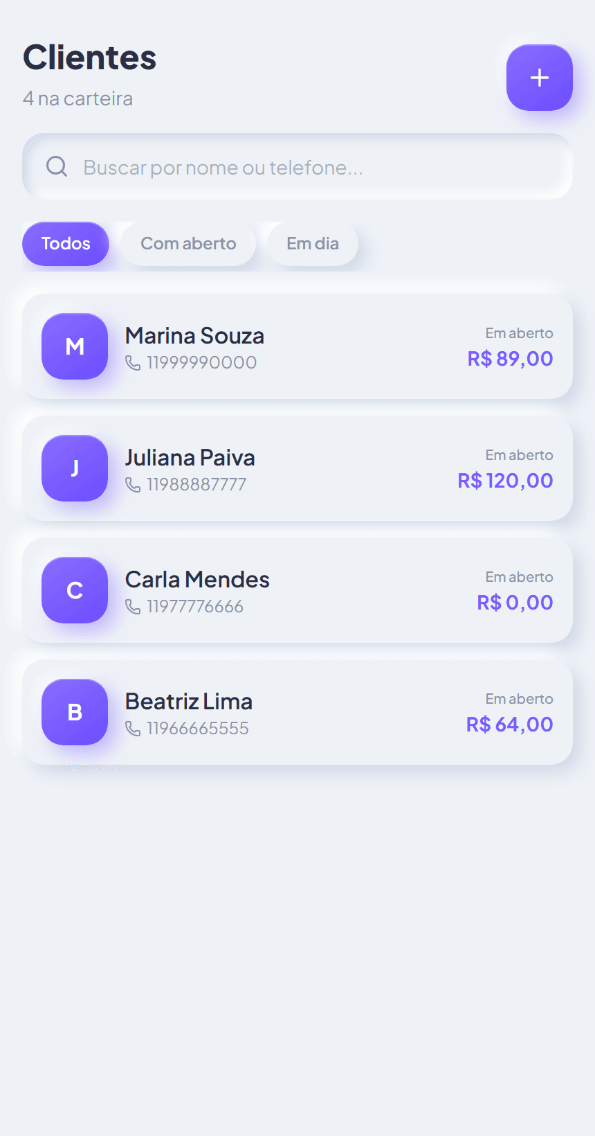 Lista de clientes na Aura