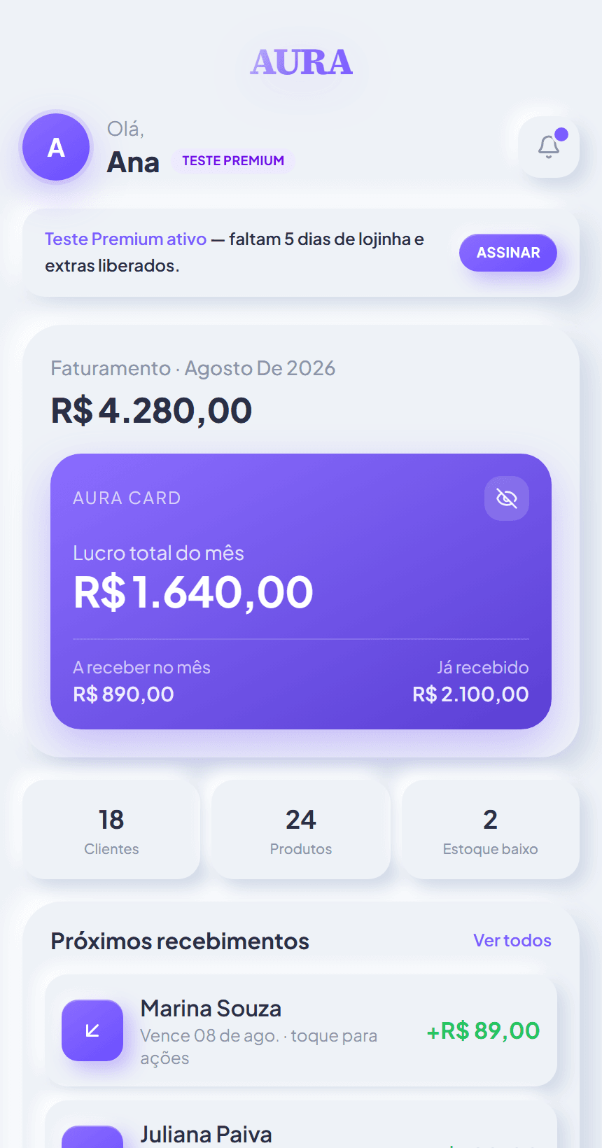 Painel da Aura com faturamento e cobranças
