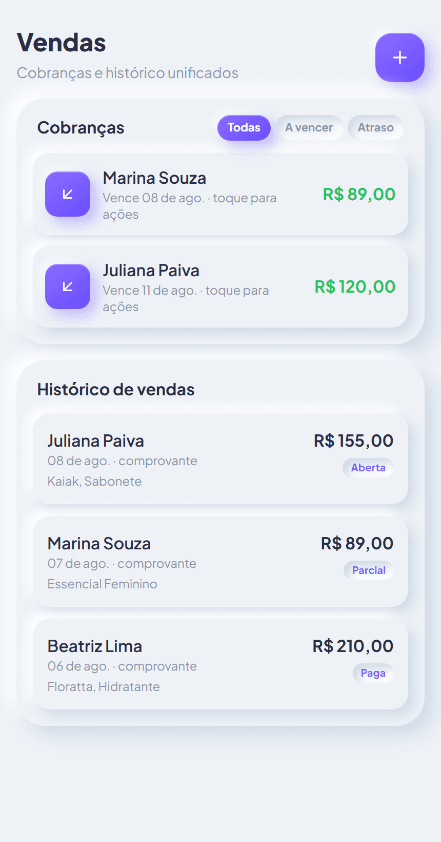 Vendas e parcelas na Aura